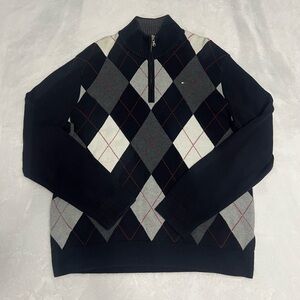 Tommy Hilfiger Black and Gray Argyle Zip-Up Sweater